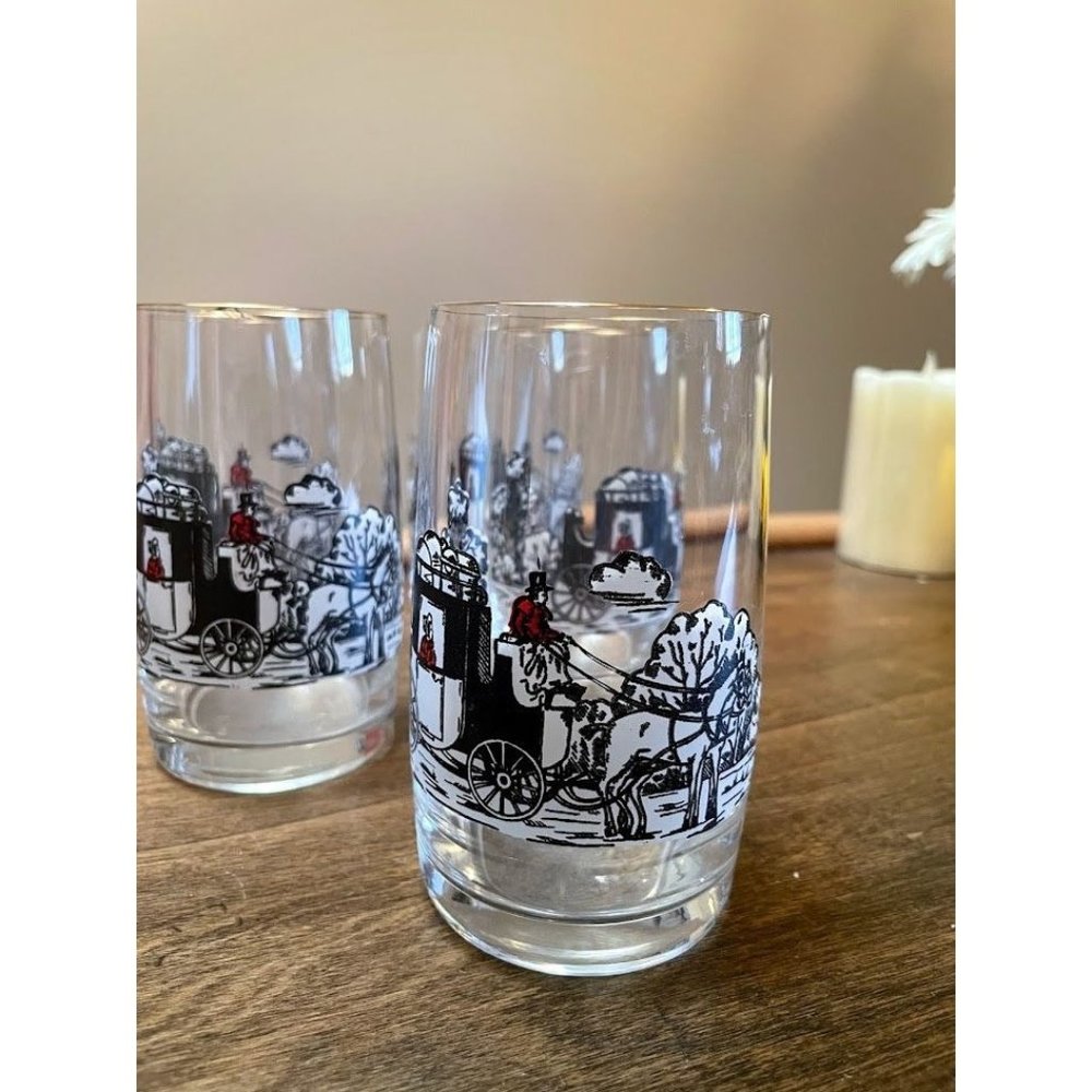 Vintage Carriage Horse and Buggy Drinking Glass Set w/ Gold Rim